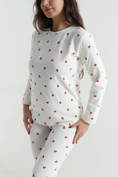 Bej Desenli Sıfır Yaka Waffle Kadın Pijama Takımı 494628