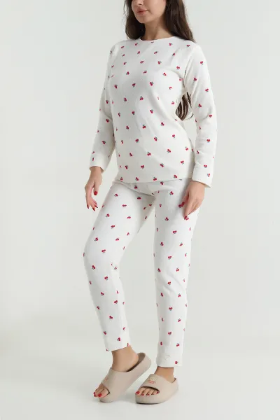 Bej Desenli Sıfır Yaka Waffle Kadın Pijama Takımı 494628