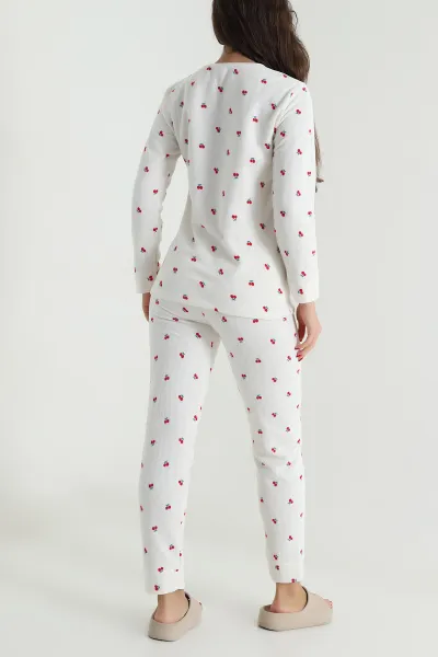 Bej Desenli Sıfır Yaka Waffle Kadın Pijama Takımı 494628