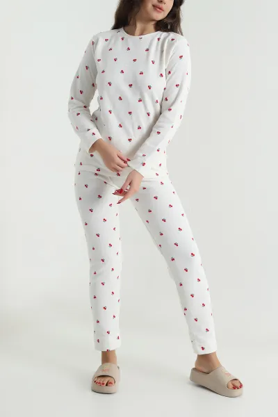 Bej Desenli Sıfır Yaka Waffle Kadın Pijama Takımı 494628