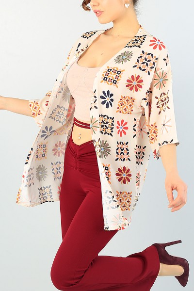 Bej Desenli Yeni Sezon Crep Kimono 63458