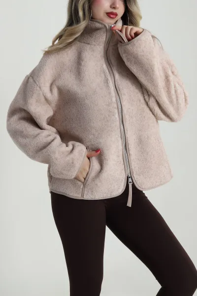 Bej Dik Yaka Fermuarlı Teddy Kadın Mont 486073