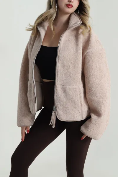 Bej Dik Yaka Fermuarlı Teddy Kadın Mont 486073