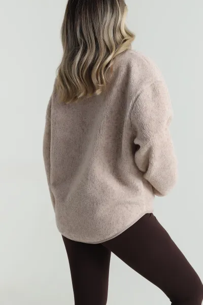 Bej Dik Yaka Fermuarlı Teddy Kadın Mont 486073