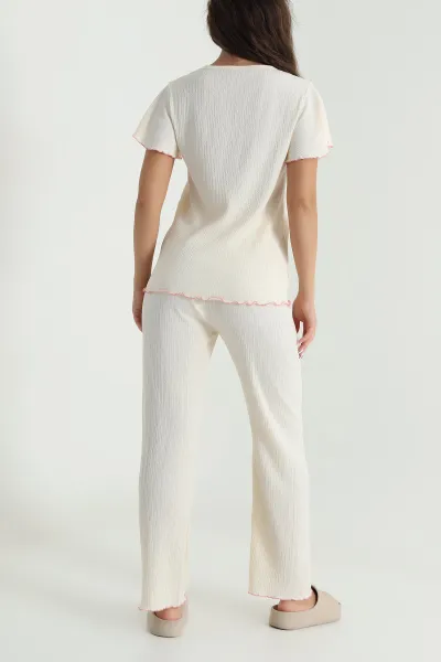 Bej Düğmeli Bürümcük Kadın Pijama Takımı 479560