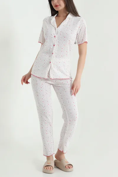 Bej Düğmeli Kısa Kollu Kadın Pijama Takımı 454583