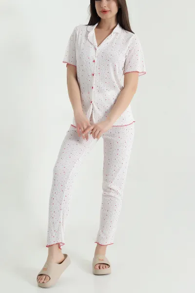 Bej Düğmeli Kısa Kollu Kadın Pijama Takımı 454583