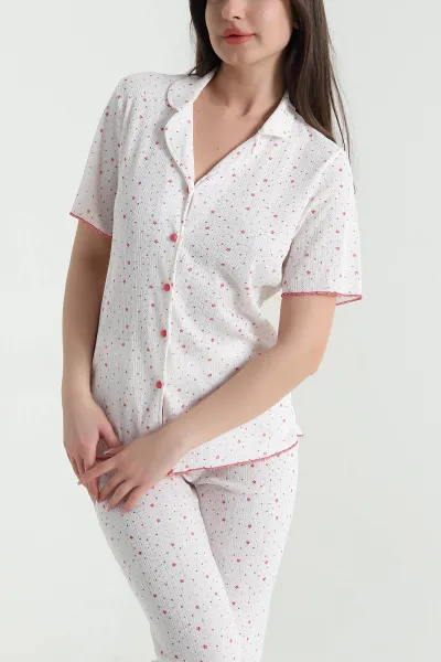 Bej Düğmeli Kısa Kollu Kadın Pijama Takımı 454583
