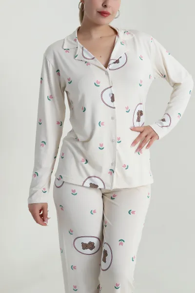 Bej Düğmeli Milan Kadın Pijama Takımı 486252