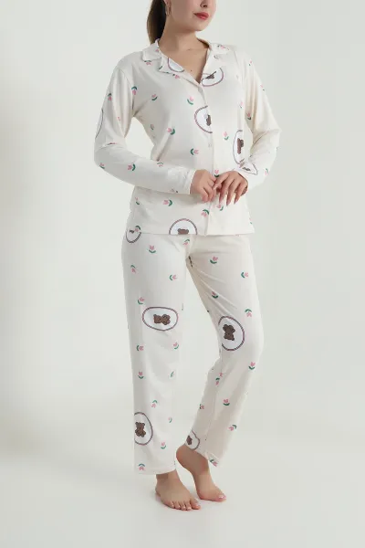 Bej Düğmeli Milan Kadın Pijama Takımı 486252