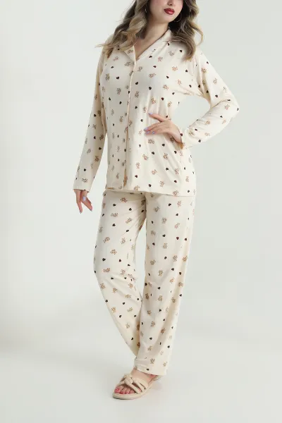 Bej Düğmeli Milan Kadın Pijama Takımı 494647