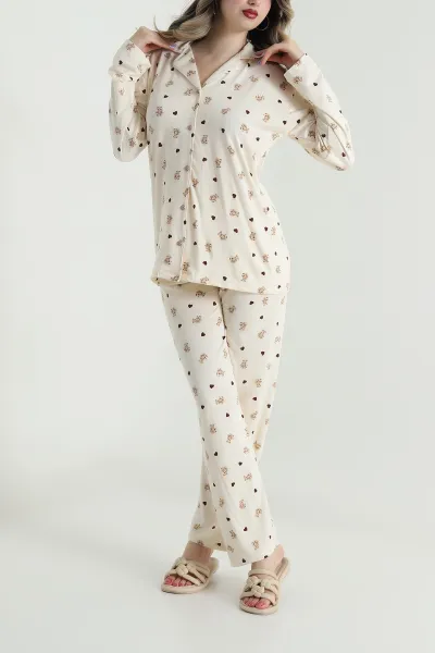 Bej Düğmeli Milan Kadın Pijama Takımı 494647