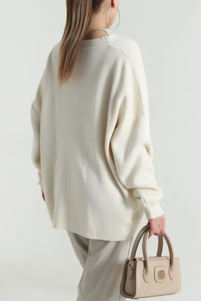 Bej Düğmeli Oversize Kadın Triko Hırka 490710