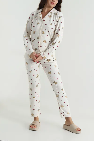 Bej Düğmeli Süet Kadın Pijama Takımı 492771
