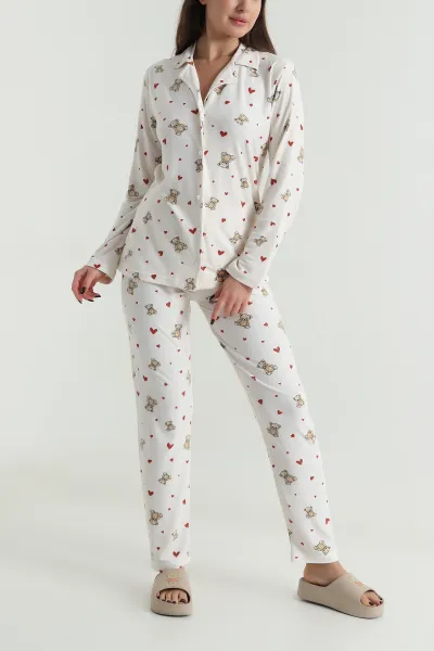 Bej Düğmeli Süet Kadın Pijama Takımı 499834