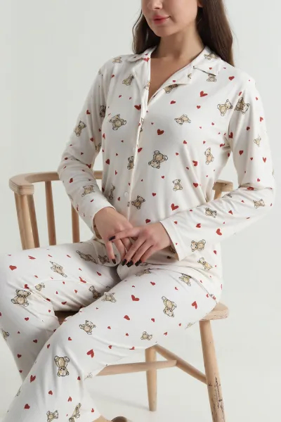 Bej Düğmeli Süet Kadın Pijama Takımı 499834