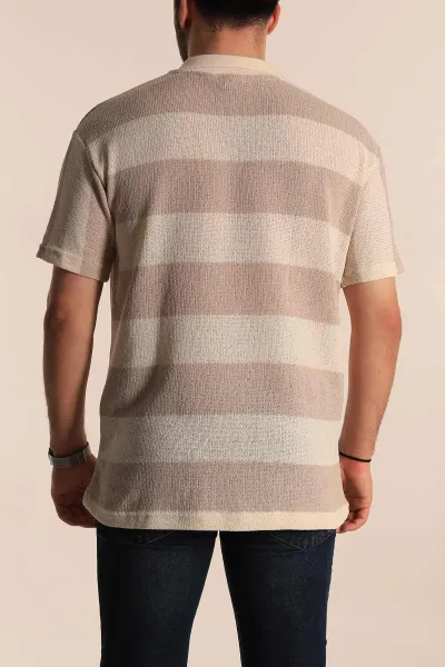 Bej Ekru Geniş Çizgili Oversize Polo Yaka Erkek Tişört 269201
