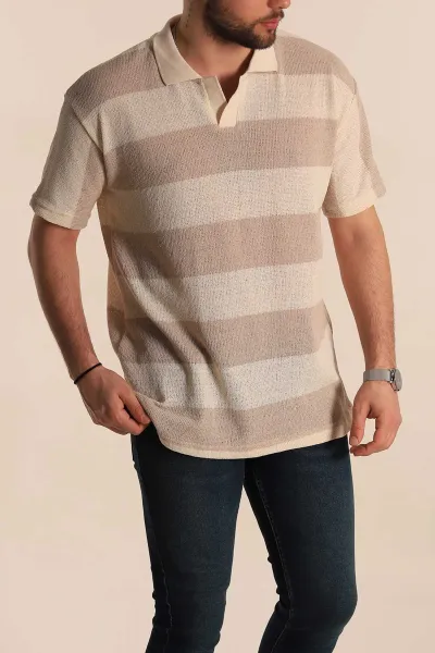 Bej Ekru Geniş Çizgili Oversize Polo Yaka Erkek Tişört 269201