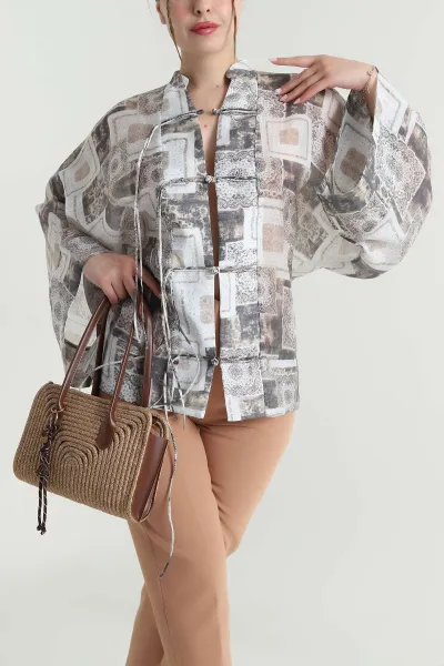 Bej Etnik Desen İp Bağcıklı Tencel Kadın Gömlek 476063