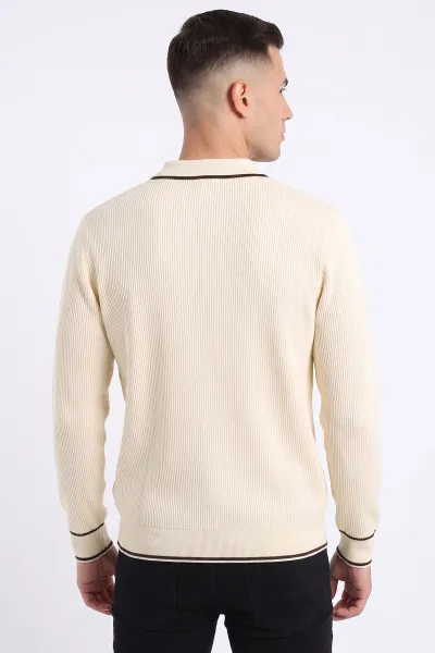 Bej Fermuarlı Polo Yaka Triko Erkek Kazak 482894