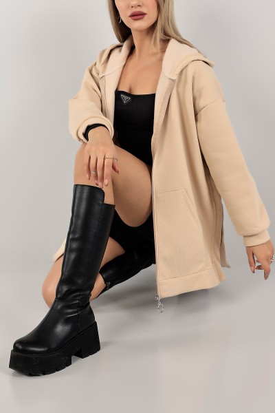 Bej Fermuarlı Üç İp Şardonlu Sweat 143390