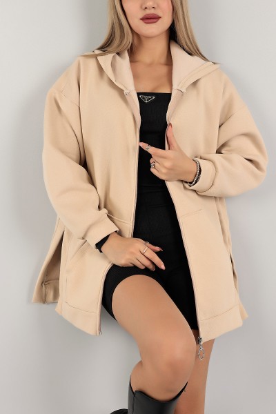 Bej Fermuarlı Üç İp Şardonlu Sweat 143390