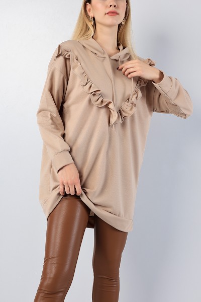 Bej Fırfır Tasarımlı Kapüşonlu Sweat Tunik 79462