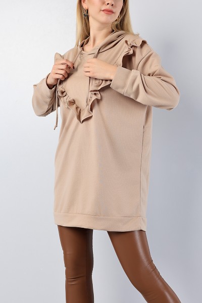 Bej Fırfır Tasarımlı Kapüşonlu Sweat Tunik 79462