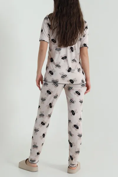 Bej Fitilli Düğmeli Kadın Pijama Takımı 458841
