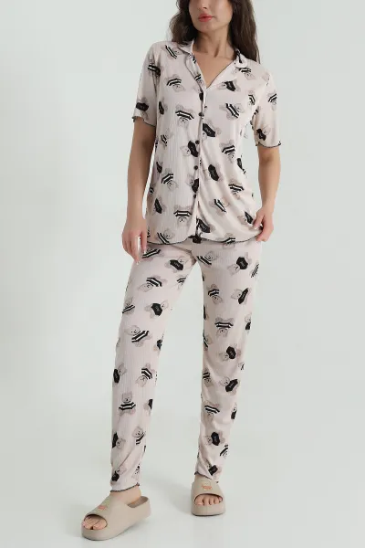 Bej Fitilli Düğmeli Kadın Pijama Takımı 458841