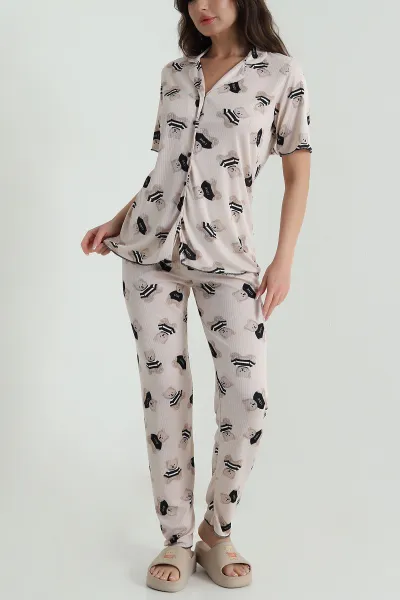 Bej Fitilli Düğmeli Kadın Pijama Takımı 458841