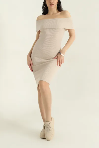 Bej Fitilli Madonna Yaka Likralı Kadın Elbise 357808