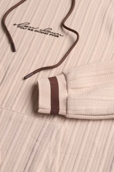 Bej Fitilli Yazı Detaylı Kapüşonlu Erkek Sweatshirt 396197