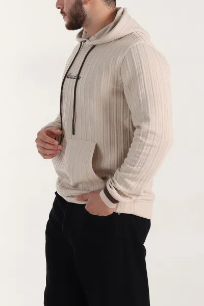 Bej Fitilli Yazı Detaylı Kapüşonlu Erkek Sweatshirt 396197