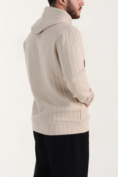 Bej Fitilli Yazı Detaylı Kapüşonlu Erkek Sweatshirt 396197