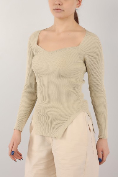 Bej Fitilli Yırtmaçlı Bayan Triko Bluz 153050