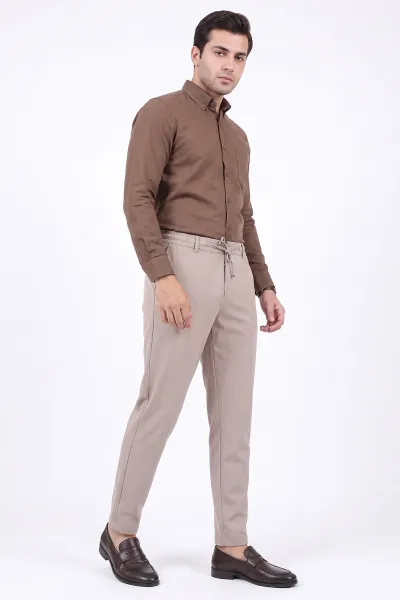 Bej Gabardin Kumaş Bağlamalı Erkek Pantolon 491670