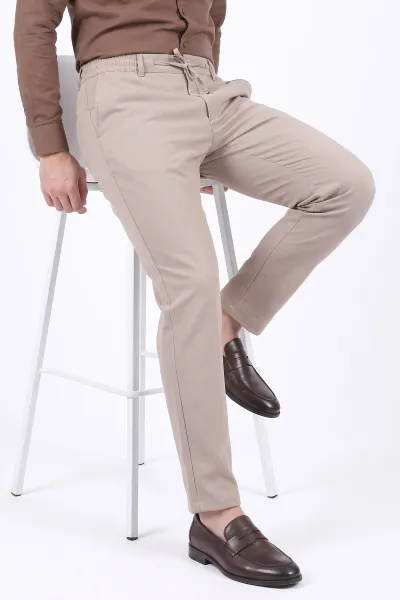 Bej Gabardin Kumaş Bağlamalı Erkek Pantolon 491670