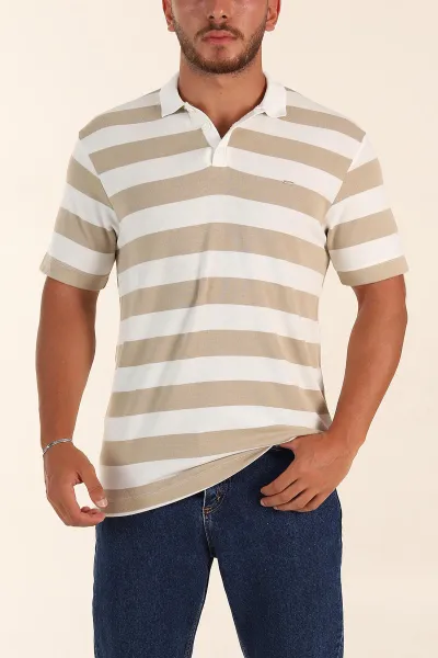 Bej Geniş Çizgili Relaxed Fit Polo Yaka Erkek Triko Tişört 268149