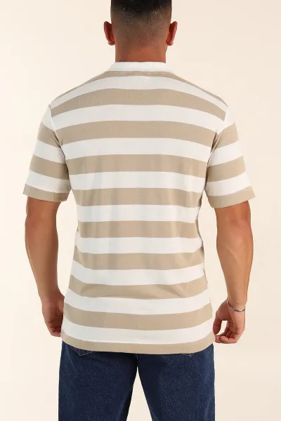 Bej Geniş Çizgili Relaxed Fit Polo Yaka Erkek Triko Tişört 268149