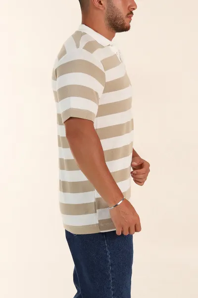 Bej Geniş Çizgili Relaxed Fit Polo Yaka Erkek Triko Tişört 268149
