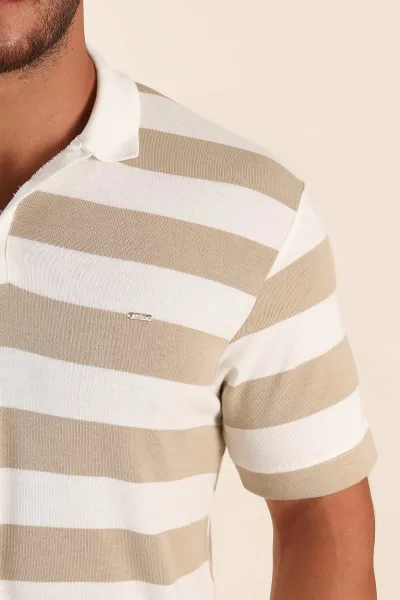 Bej Geniş Çizgili Relaxed Fit Polo Yaka Erkek Triko Tişört 268149