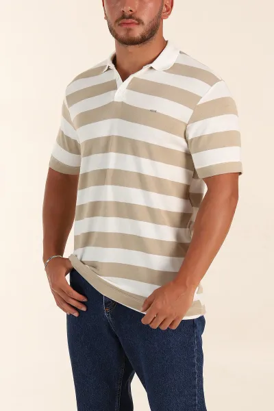 Bej Geniş Çizgili Relaxed Fit Polo Yaka Erkek Triko Tişört 268149