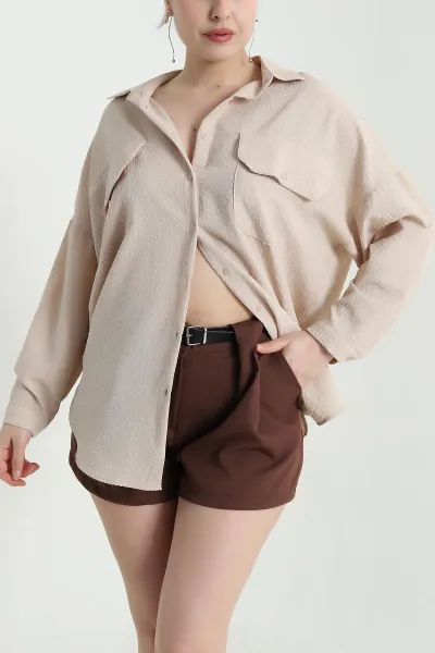Bej Gofre Kumaş Kadın Gömlek Tunik 456840