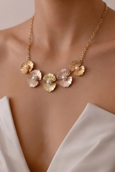 Bej Gold İncili Kalın Zincir Kolye 478026
