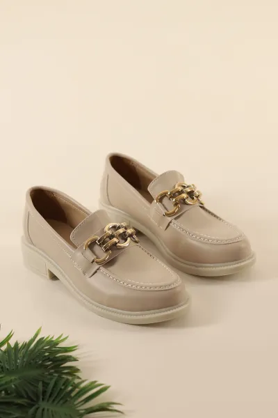 Bej Gold Zincirli Kadın Loafer Ayakkabı 311334