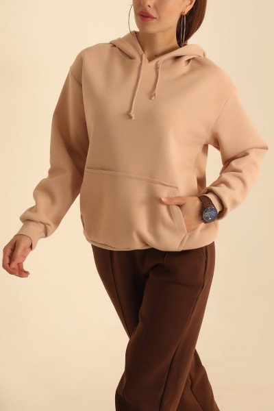 Bej İçi Şardonlu Kapüşonlu Bayan Sweat 208105