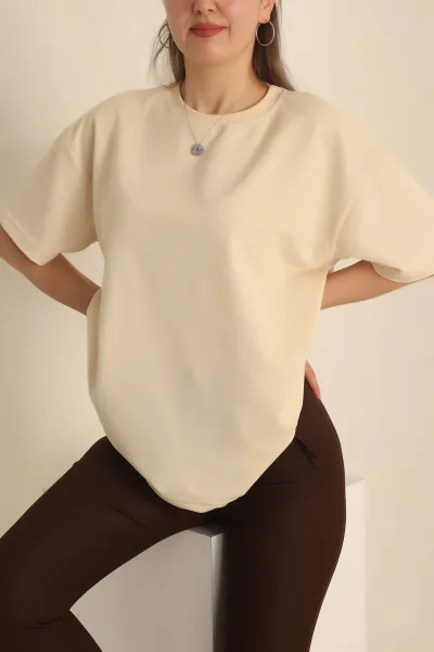 Bej İki İp Oversize Bayan Tişört 234376