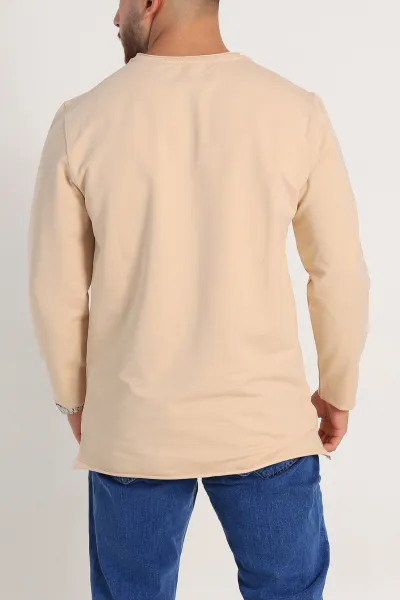 Bej İki İp Yırtık Yaka Detaylı Basic Erkek Sweatshirt 299819