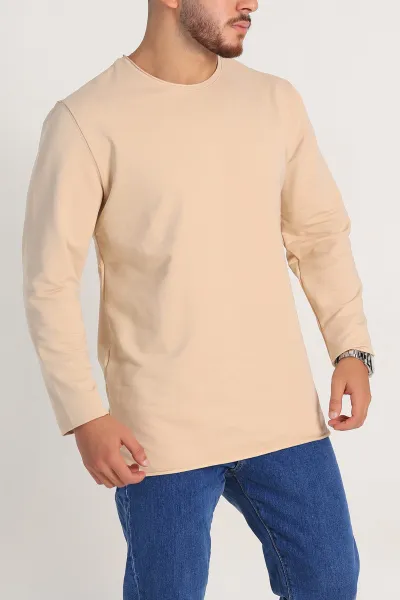 Bej İki İp Yırtık Yaka Detaylı Basic Erkek Sweatshirt 299819